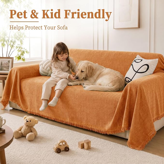 hyha Couch Cover for Dogs, Boho Sofa Covers for 3 Cushion Couch Washable, Chenille Sofa Slipcover for Pets, Soft Loveseat Sectional Couch Throw Blankets with Tassels (Orange, 88.5x118 Inch)