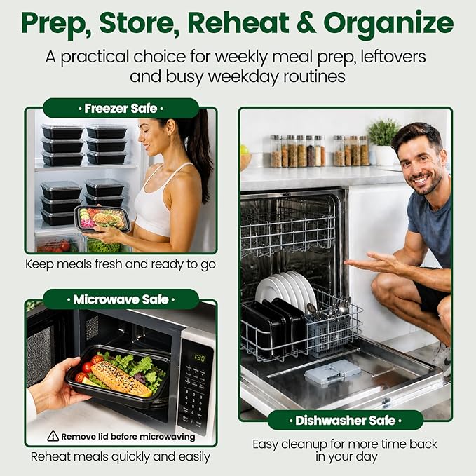 Meal Prep Containers with Lids 32oz-50 Pack & Free 50 Forks Individually Wrapped, Disposable Food Storage Containers BPA Free, Leak-Resistant, Microwave & Freezer Safe for Salad,Lunch,Take out,Togo