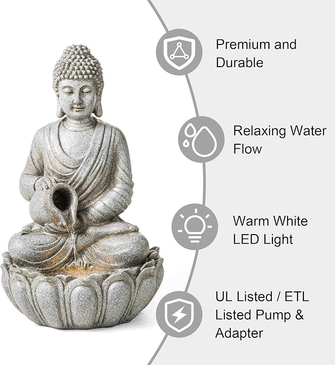 Glitzhome Buddha Fountain Outdoor 20.5" H, 2-Tier Zen Style Concrete Meditating Buddha Statues Water Fountains with Pump & LED Light, Buddhas Floor Fountains Sculpture for Garden Patio Backyard
