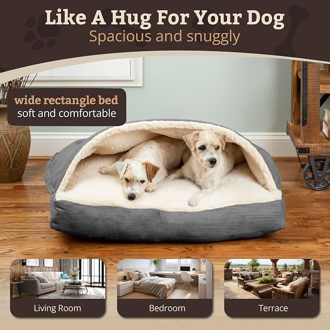 Snoozer Rectangle Cozy Cave Dog Bed - Indoor Dog Bed with Cover Cave, Covered Calming Burrow for Small & Medium Sized Pets with Blanket Attached, Enclosed, Washable Cover - Medium, Heather Gray
