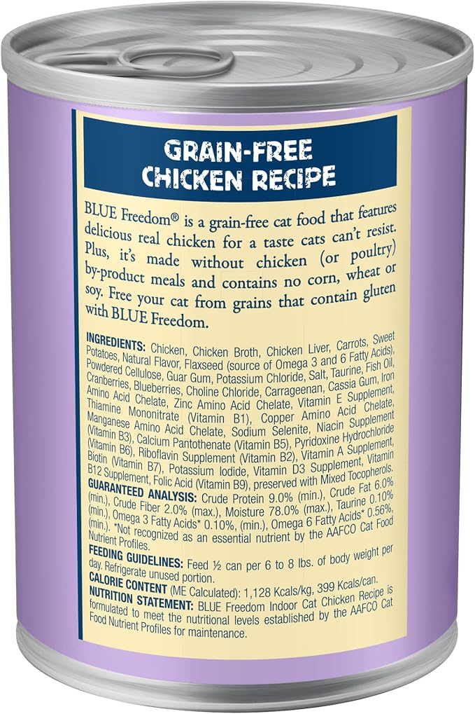 Blue Buffalo Freedom Grain Free Natural Adult Pate Wet Cat Food, Indoor Chicken 12.5-oz cans (Pack of 12)