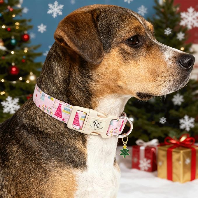 Elegant little tail Christmas Dog Collar - Christmas Tree Pink Pet Collar Cotton Soft Plastic Buckle Sturdy Puppy Collars Holiday Female or Male Adjustable Collar for Small Puppy