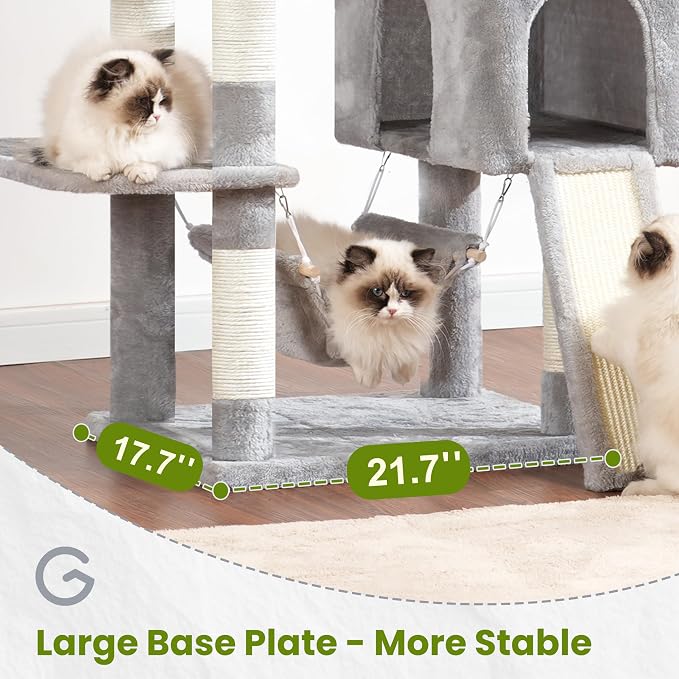 Gitelsnour Cat Tree for Indoor Cats, 71'' (180cm) Multi-Level Cat Tower for Large Adult, Sturdy Cat Tree House with 2 Scratching Boards 7 Posts, 2 Plush Perches/Condos, Hammock, Light Gray GCT032W