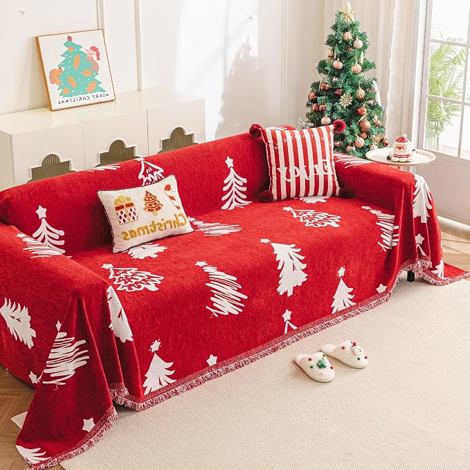 hyha Couch Cover for Dogs, Boho Sofa Covers for 3 Cushion Couch Washable, Chenille Sofa Slipcover for Pets, Loveseat Sectional Couch Throw Blanket with Tassels(Red Christmas Tree, 88.5x150 Inch)