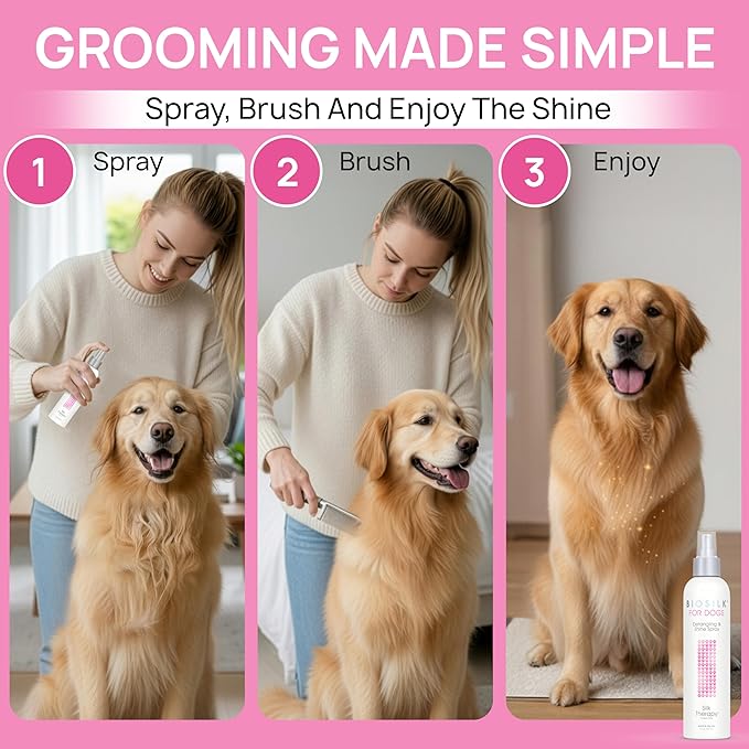 BioSilk for Dogs Silk Therapy Detangling and Shine Protecting Spray, pH Balanced Leave-In Mist with Silk and Vitamins for Dematting, Paraben-Free, All Coats and Breeds, 8 Fl Oz