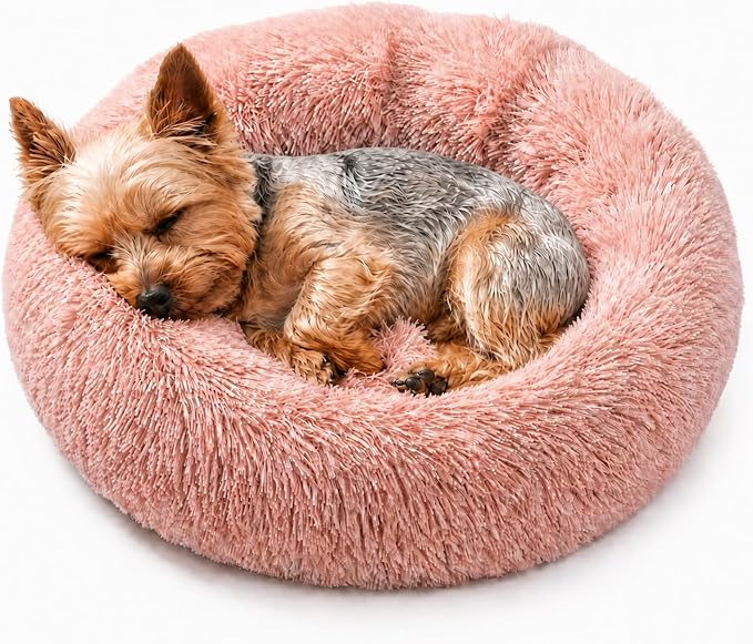 Tiny Dog Bed 15 Inch for Extra Small Dogs,Washable Puppy Bed,Soft Faux Fur Calming Donut Bed for Chihuahua Yorkie Maltese Pomeranian,Pink
