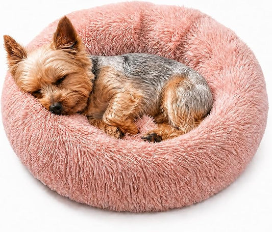 Tiny Dog Bed 15 Inch for Extra Small Dogs,Washable Puppy Bed,Soft Faux Fur Calming Donut Bed for Chihuahua Yorkie Maltese Pomeranian,Pink