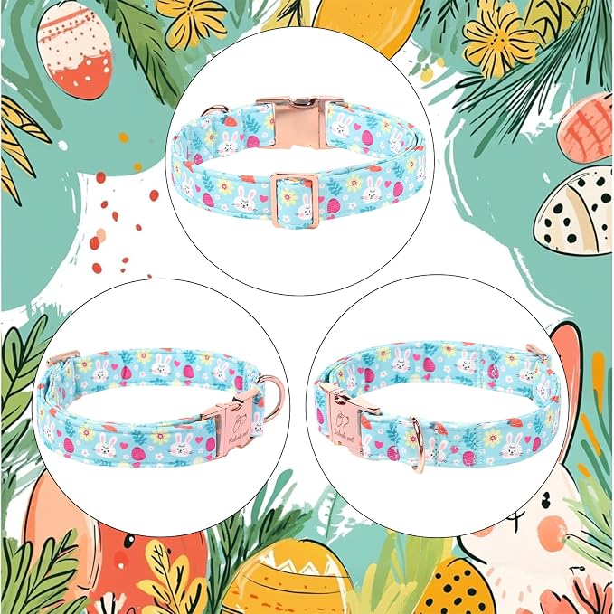 Easter Dog Collar, Cute Blue Bunny Easter Collar for Boy Girl Dogs, Adjustable Heavy Duty Spring Holiday Dog Collars for Small Medium Large Dogs with Metal Buckle XL