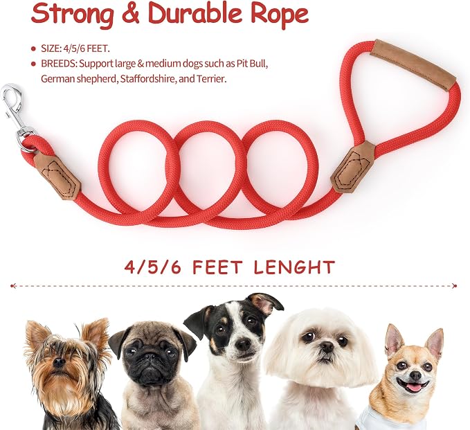 Mile High Life Leather Dog Leash, Heavy Duty Strong Genuine Leather Handle Rope Leash Soft and Comfortable for Small Medium Large Dogs (Red, 48 Inch)