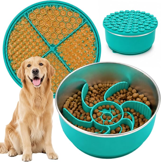 Large Dog Bowl 8 Cups Stainless Steel with Slow Feeder Insert and Lick Mat Storage Lid, 3-in-1 Non-Slip Pet Bowl for Kibble, Wet Food,Travel