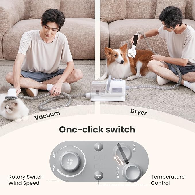 Pecute Dog Grooming Vacuum & Dryer, 7-in-1 Pet Grooming Kit with Clipper, 10000Pa Dog Vacuum for Shedding Grooming, Adjustable Speed & Temp, 55dB Low Noise,1.7L Dust Cup