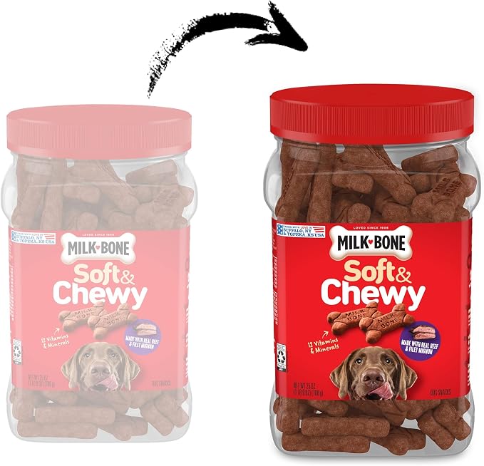 Milk-Bone Soft & Chewy Dog Treats, Made with Real Beef & Filet Mignon, 25 Ounce Canister