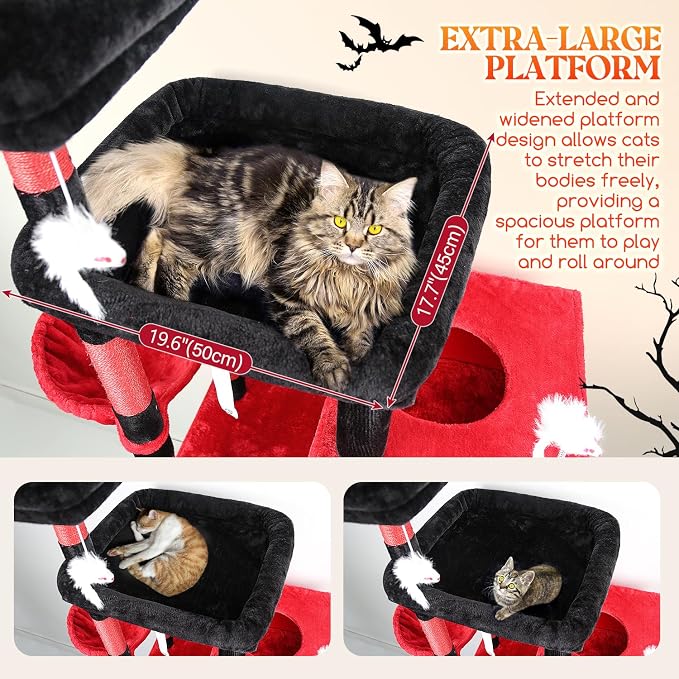 Globlazer Extra Large Gothic Cat Tower, 81-inch Tall Goth Cat Tree for Big Cats 20 lbs, XXL Heavy Duty Cat Scratching Tower for Indoor Adult Cats with 3 Cat Condos, 8 Scratching Posts, F81, Red Black