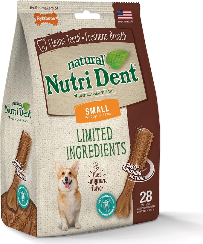 Nylabone Nutri Dent Dog Dental Chews - Natural Dog Teeth Cleaning & Breath Freshener - Dental Treats for Dogs - Filet Mignon Flavor, Small (28 Count) (Pack of 2)