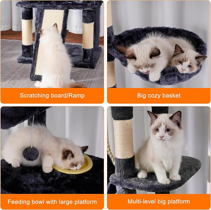 Heybly Tall Cat Tree, 78-inch Multi-Level Cat Tower for Indoor Cats, 2 Widened Plush Perches Cat Condo with Scratching Board and Big Caves, Smoky Gray HCT033G