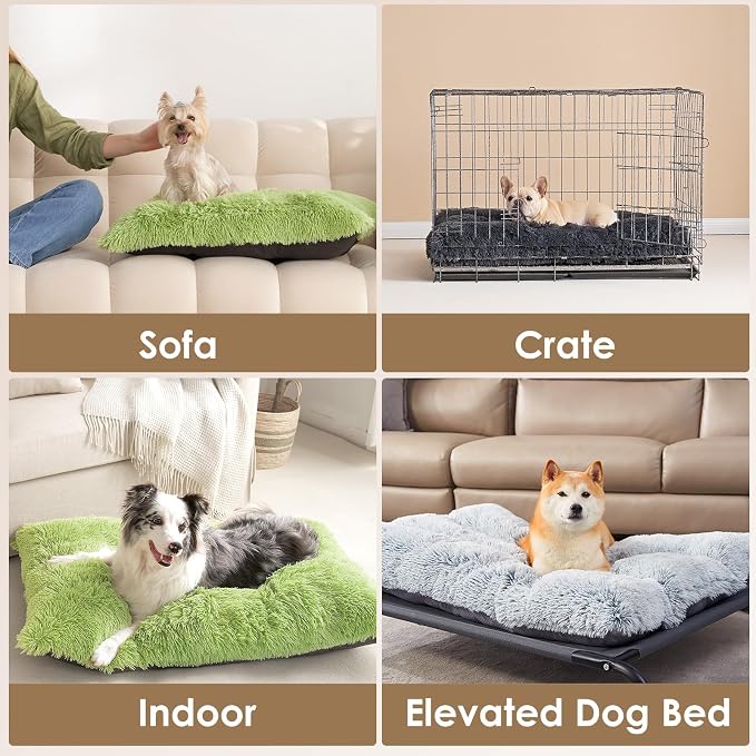 EHEYCIGA Fluffy Dog Crate Bed for Large Dogs, Plush Faux Fur Crate Pad, Calming Anti Anxiety Large Dog Bed, Washable Soft Warm Mat with Non-Slip Bottom, Green