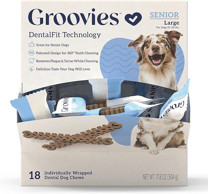 Groovies Gentle & Flexible Senior Dog Dental Chews, Contact-Cleaning Design Supporting Tartar Control & Fresh Breath, Oral Care Treats, USA Manufactured, Patented DentalFit Tech, XLarge Dogs, 4 Chews