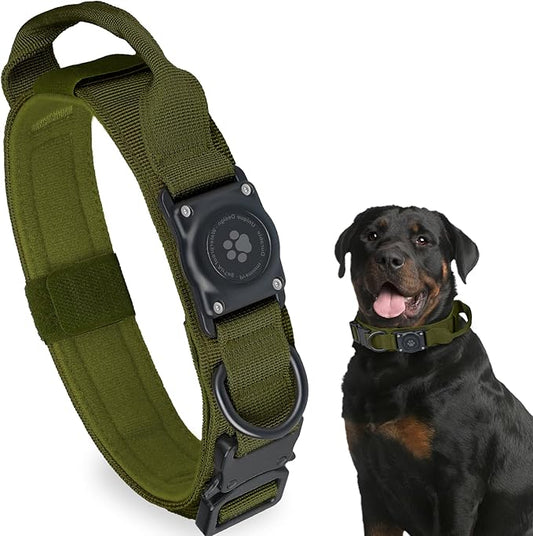 Tactical AirTag Dog Collar, 100% Waterproof Integrated Apple Air Tag Dog Collars with Hard PC AirTag Holder, Adjustable Military Collar with Handle, GPS Dog Collar for Medium Large Dogs(ArmyGreen,XL)