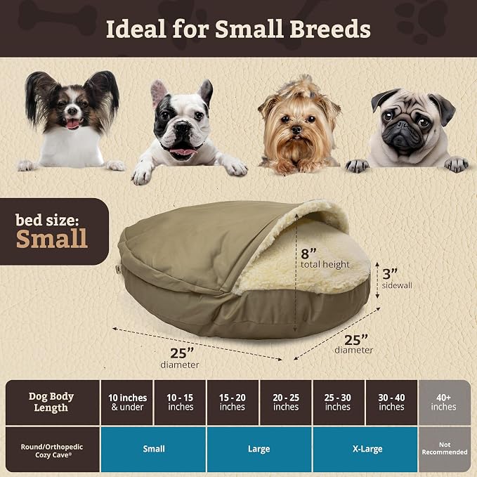 Snoozer Cozy Cave Dog Bed - Indoor Dog Bed with Cover Cave, Covered Calming Burrow for Small Sized Pets with Blanket Attached, Enclosed, Removable Washable Cover - Small, Khaki