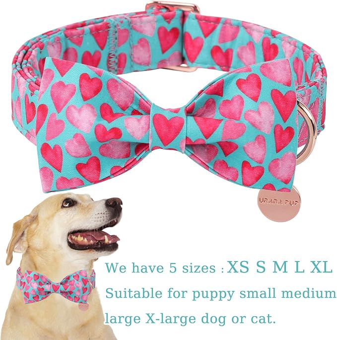 Valentine’s Day Dog Collar with Bow Tie, Pink Heart Bowtie Collar with Metal Buckle, Valentine’s Day Gift Pet Collar for Puppy Girl Boy Dog or Cat, Wedding Dog Collar, L, Neck 16-24in