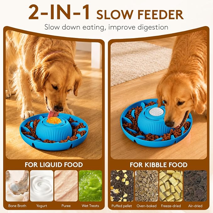 Slow Feeder Dog Bowls 2 in 1 Liquid Treat Dog Lick Bowl and Dog Bowls – 5‑Cup Large Capacity, Liquid and Solid Food Treat Dispenser for Slowing Down Eating for Large Medium Small Dogs, Blue