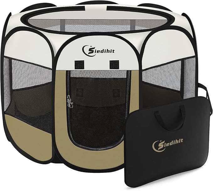 Siedihit Dog Cat Playpen, Medium Puppy Pet Playpen, Dog Crate Tent Cage Indoor/Outdoor, Portable Pop Up Dogs Kennel Playpen with Carrying Case for Dogs/Cats/Rabbits (Khaki,Medium)