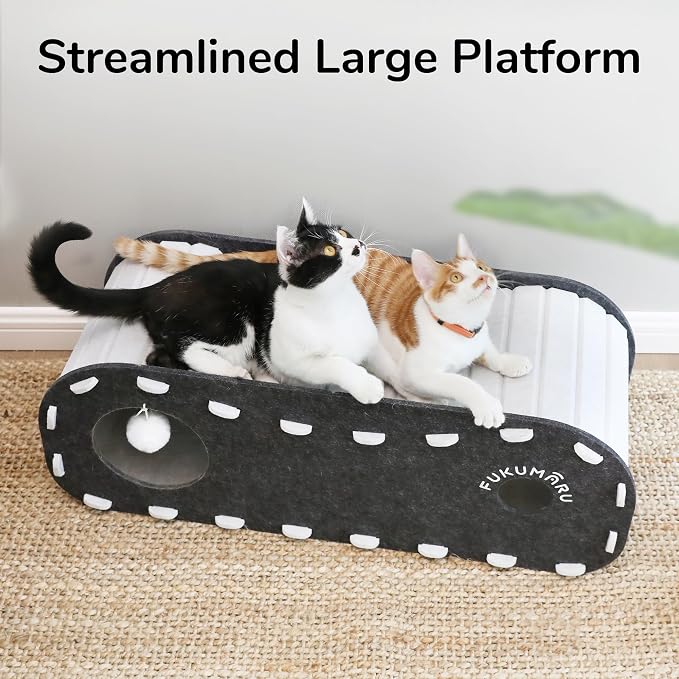 FUKUMARU Cat Beds for Indoor Pets 31.5 Inch, Extra Long Cozy Cat Bed Cave Tunnel for Multiple & Large Cats, Felt Kitten Hideaway House with Fluffy Ball, Scratch Resistant, Warm & Safe, Black