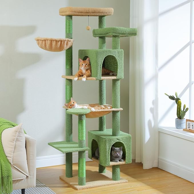 69” Tall Cat Tree for Indoor Cats Large Adult, Multi-Level Cat Tower with Scratching Post, Dual Top Perches, Big Hammock & 2 Spacious Condos, Cat Furniture for Multi-Cat Households, Green