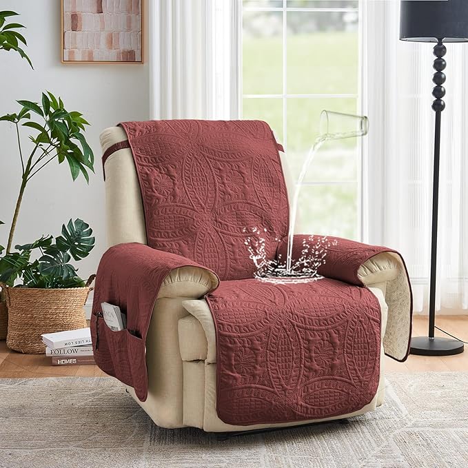 Red Quilted Recliner Chair Covers, Waterproof Medium Chair Covers, Lazy Boy Chair Covers, Pet Friendly Recliner Slipcover for Dogs Cats, Washable Furniture Protector (Recliner 26", Red)