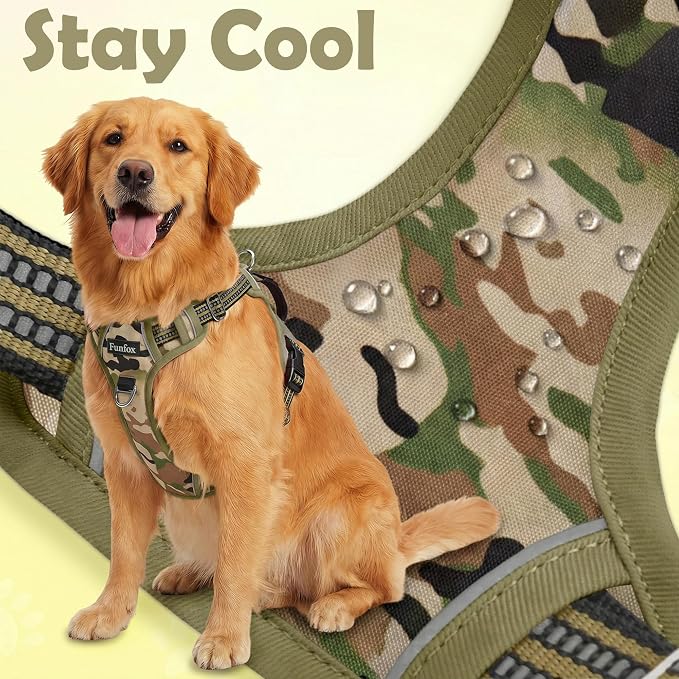 Funfox Dog Harness No Pull, Adjustable Pet Vest Harness, Super Soft Material with Vertical Handle Easy Control, Reflective Night Walking, 2 Leash Clips for Small Sized Dogs, Camo Green, S