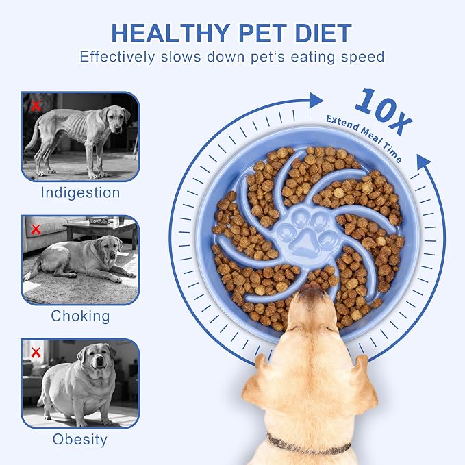 Ceramic Slow Feeder Dog Bowl, 3 Cup Dog Food or 25oz Water, Slow Eating Bowl for Middle Breed, Maze Puzzle Feeder for Fast Eaters, Anti-Choking Stop Bloat, Non-Slip BPA Free (Blue)