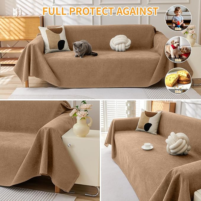 Deep Dream Cat-Scratch Resistant Couch Cover, Waterproof Sofa Cover for 3 Cushion Couch Washable, Pet Friendly Couch Protectors Anti Slip Thickened Sofa Slipcovers for Dogs Pets, 71" x 150", Brown