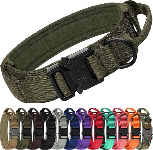 Joytale Tactical Dog Collar with Handle and Metal Buckle, Heavy Duty Padded Military Collar with 2 Patches for Training, Adjustable for Medium Dogs, ArmyGreen, M