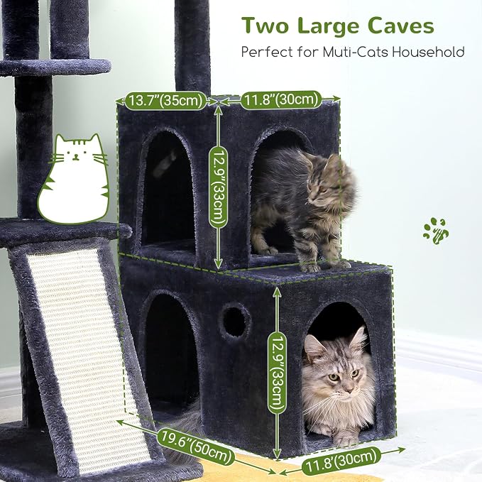 Globlazer Cat Tower for Indoor Adult Cats, 50-inch Heavy Duty Cat Tree House for Big Cats with Extra-Large Padded Platform, Sisal Scratching Board, 2 Large Condos, F50, Dark Grey