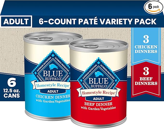 Blue Buffalo Homestyle Recipe Wet Dog Food Paté Variety Pack, Chicken Dinner & Beef Dinner with Garden Vegetables, Made with Natural Ingredients, 12.5-oz. Can (6 Count, 3 of Each)