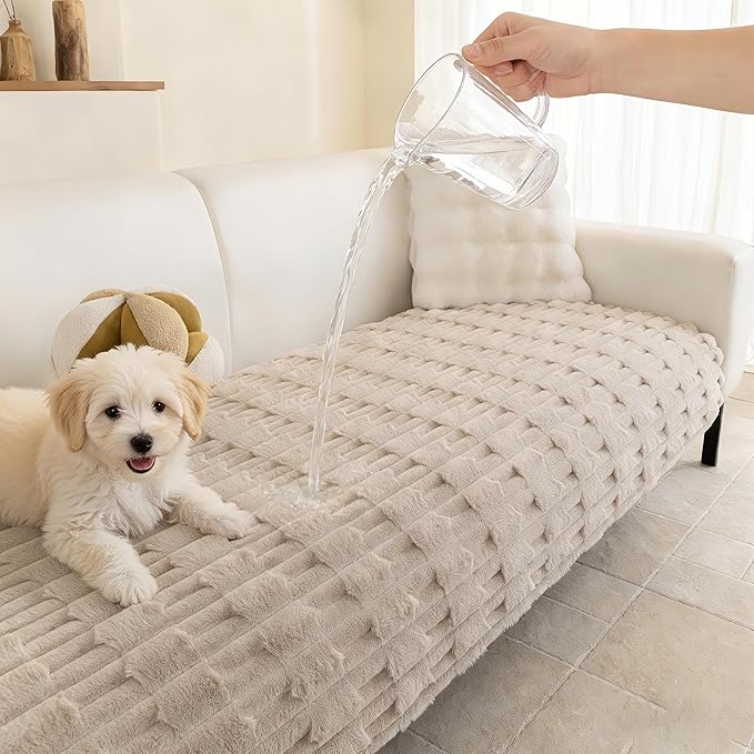 MYSKY HOME 100% Waterproof Couch Cover for Dogs, Plush Pet Couch Covers for Sofa Washable, Couch Covers for 3 Cushion Sofa Pet Friendly, Non-Slip Durable Sofa Cover Slipcover Protector, Khaki, 35"x71"