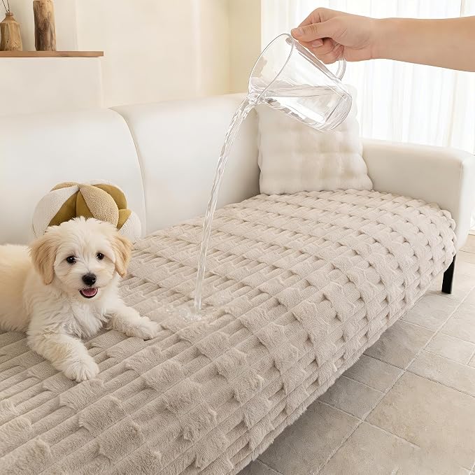 MYSKY HOME 100% Waterproof Couch Cover for Dogs, Plush Pet Couch Covers for Sofa Washable, Couch Covers for 3 Cushion Sofa Pet Friendly, Non-Slip Durable Sofa Cover Slipcover Protector, Khaki, 35"x83"