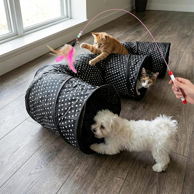 E-Shaped Cat Tunnel, 3-Way Interactive Triple Tube Toy for Indoor Cats, Collapsible Pet Play Maze with Peek-a-Boo Holes, Durable Hideout for Kittens, Puppies, Bunnies & Small Animals (E)