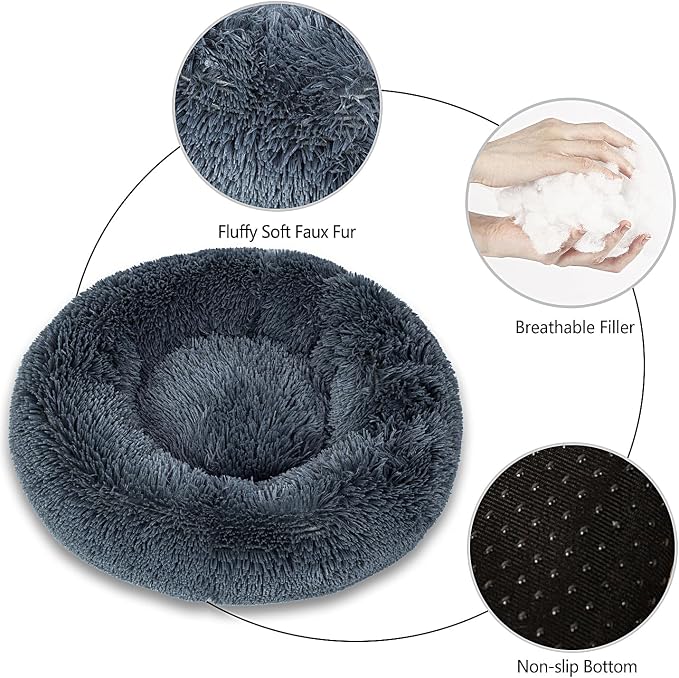 Calming Dog Bed for Small Dogs Cats, Kitty Puppy 23'' Round Anti-Anxiety Warm Fluffy Plush Faux Fur Bed, Soft Anti-Slip Donut Washable Small Pet Bed, Cozy Cat Puppy Bed, Fits up to 30 lbs Pets