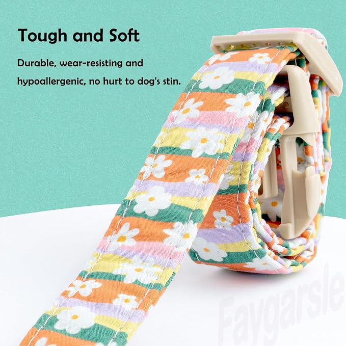Faygarsle Colorful Floral Dog Collar, Cotton Fabric with Daisy Pattern, Multi-Color Stripes Spring Summer Design for Small Medium Large Dogs S