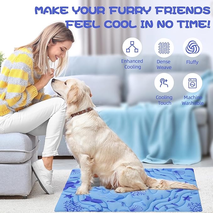 PAWCHIE Summer Dog Cooling Mat, Reversible Self-Cooling Mat for Small Medium Dogs, Washable Pet Ice Cool Pad Blanket, Pet Sleeping Pad for Crate,Bed,Indoor & Outdoor Floor,Car Seats, Blue 36'' x 23''