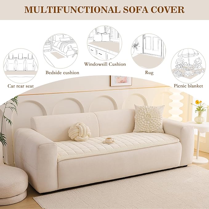 MEETSKY Couch Cover for 3 Cushion Couch Sofa, Sofa Covers for Dogs Washable, Non-Slip Sofa Protector Pet Friendly Dog Mats for Couches Soft Furniture Covers, 27.6" x 82.7", Cream