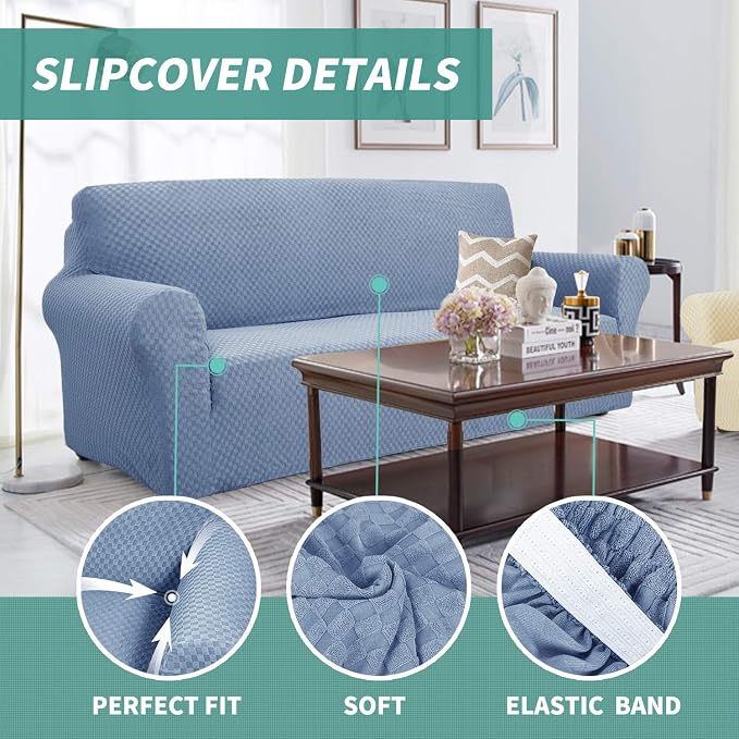 YEMYHOM Couch Cover Latest Jacquard Design High Stretch Sofa Covers for 3 Cushion Couch, Pet Dog Cat Proof Slipcover Non Slip Magic Elastic Furniture Protector (Large, Light Blue)