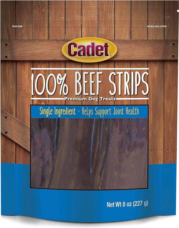 Cadet 100% Beef Strips Dog Treats, Single Ingredient Beef Esophagus Dog Jerky, Healthy High Protein Rawhide Alternative for Small & Large Dogs, 8 Ounce