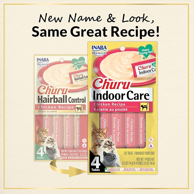 INABA Churu Indoor Care for Hairball Control, Functional Lickable Cat Treat with Taurine & Green Tea Extract, 0.5oz Each, Tubes, Chicken Recipe (Pack of 48)