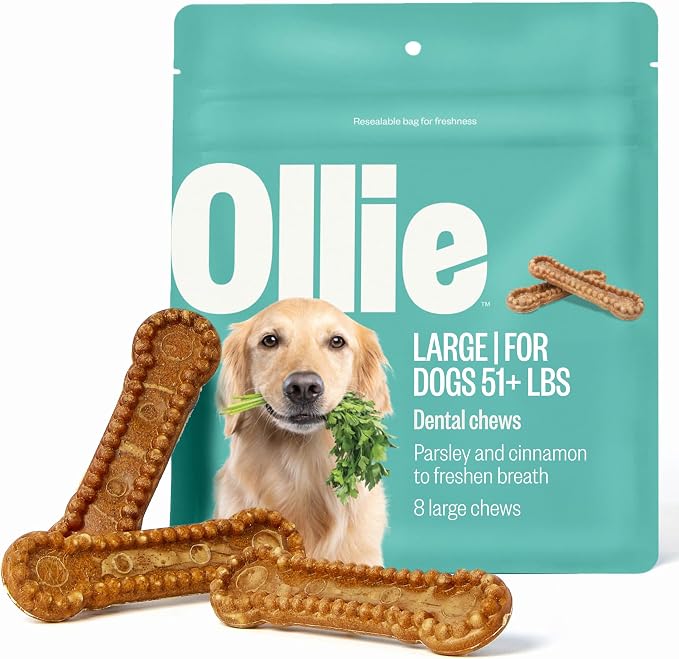 Ollie Dental Chews for Large Dogs, 12 Oz, Fresh Breath, Teeth Cleaning Treats, Sticks for Dog Oral Care, with Parsley and Cinnimon, for Pups 51 lbs and Above