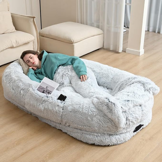 YAEM Human Dog Bed, 71"x45"x12" Calming Human Size Dog Bed for Adults, Washable Faux Fur Orthopedic Floor Beds, Waterproof Napping Pet Beds for People with Non-Slip Bottom, Grey