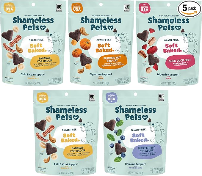 Shameless Pets Soft-Baked Dog Treats, Variety 5-Pack - Natural & Healthy Dog Chews for Small, Medium & Large Dogs - Biscuits Baked & Made in USA, Free from Grain, Corn & Soy