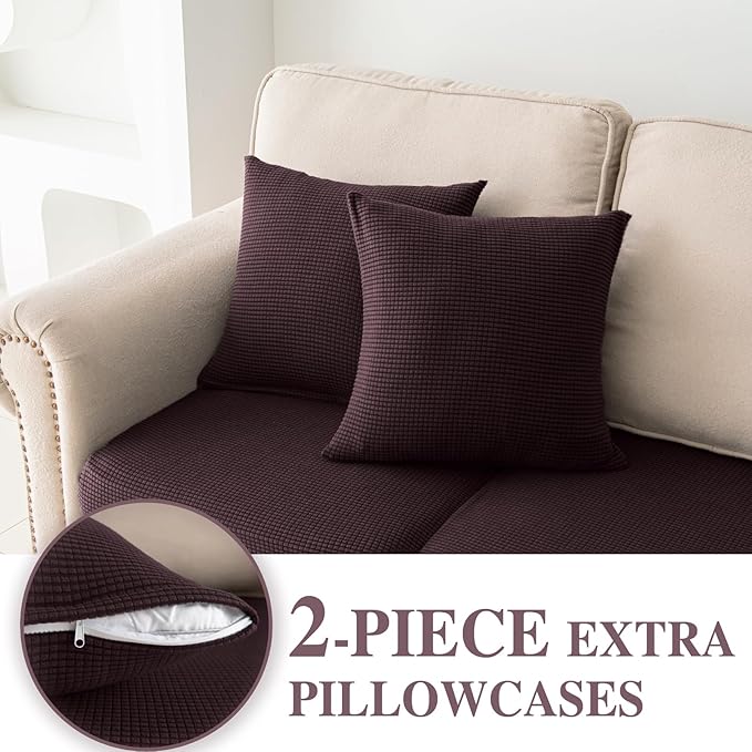 LA MEACK Couch Cushion Covers for Sectional Sofa L Shape Washable Separate Seat Chaise Couch Cover Stretch Sofa Slipcovers with 2 Pcs Pillowcases(3 Seater + 1 Chaise, Brown)