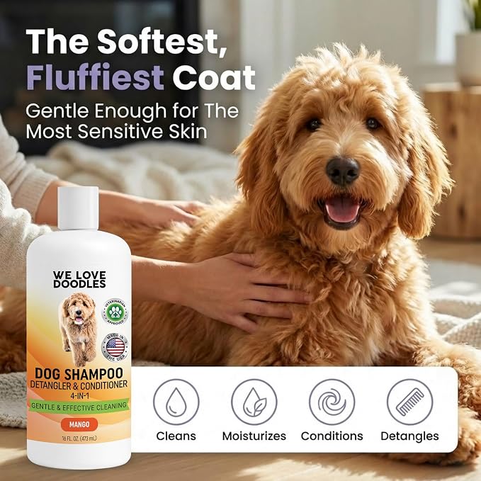 Dog Shampoo and Conditioner & Detangler - Best Goldendoodles, Poodles & Doodle Shampoo for Smelly Dogs, Sensitive Skin Puppy Shampoo, Goldendoodle Must Haves (Shampoo & Detangler (Mango))